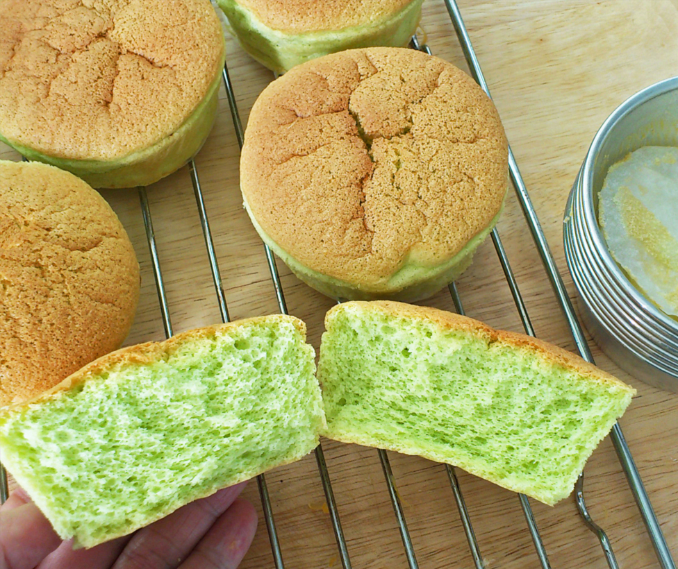 cut pandan chiffon cupcakes showing beautiful crumb